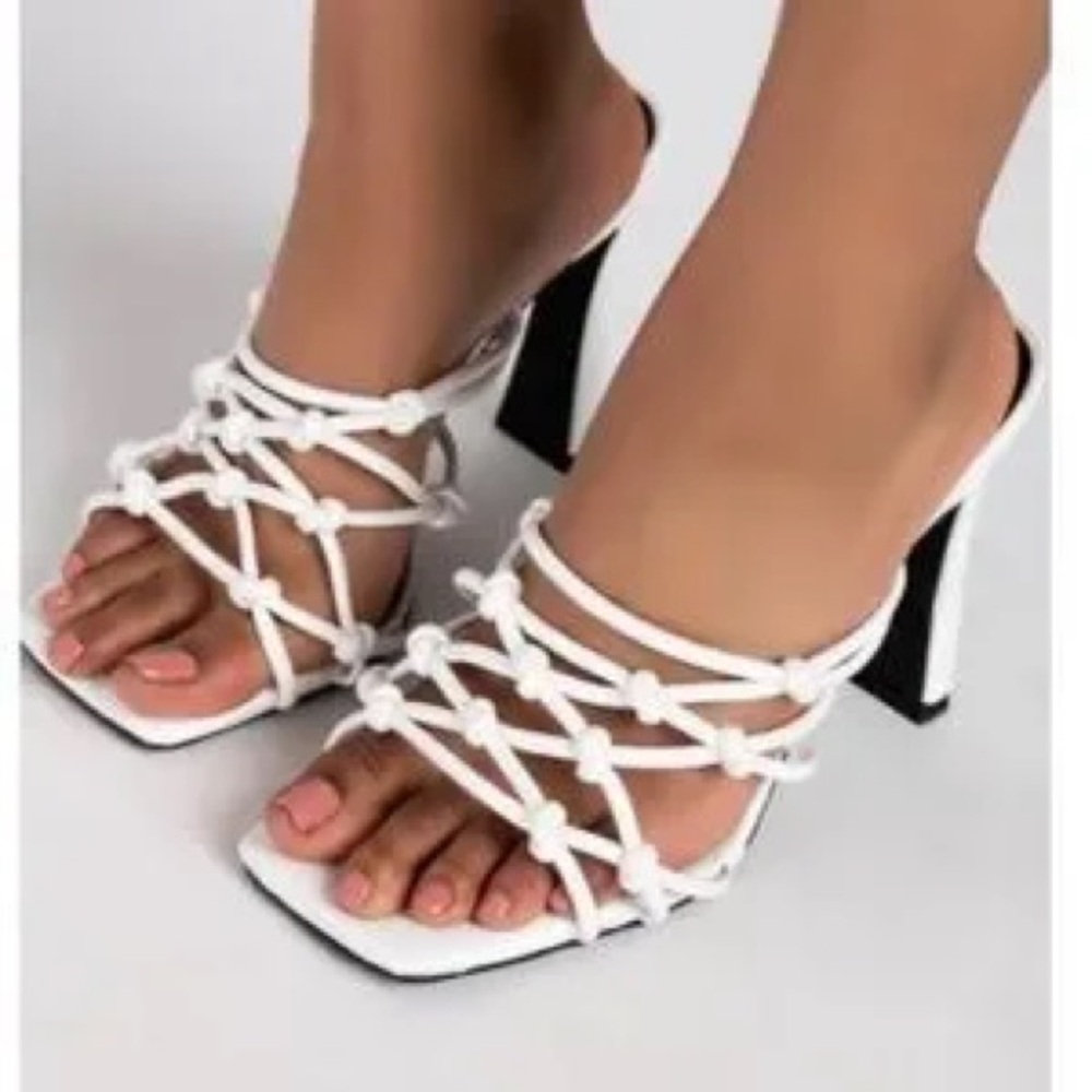 White High Heel Strappy Mules